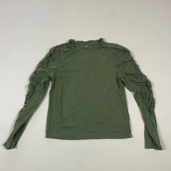 Maeve by Anthropologie Tops - Maeve Anthropologie Olive Green Ruffle Neck Ruched Puff Sleeve Knit Top Small